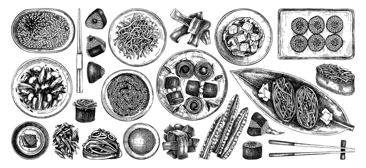 Hand-drawn healthy food vector illustration collection. Edible seaweed dishes in bowls sketches isolated on white background. Asian cuisine menu design elements in engraved style